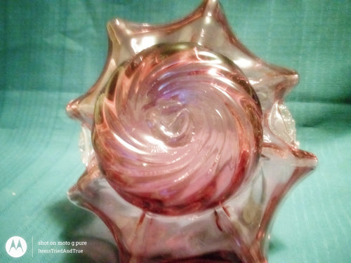Vintage Pink Art Glass Basket with Ruffled Rim & Twisted Handle