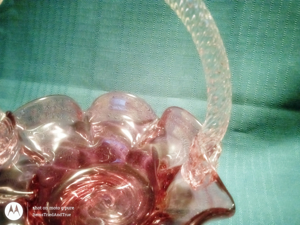 Vintage Pink Art Glass Basket with Ruffled Rim & Twisted Handle