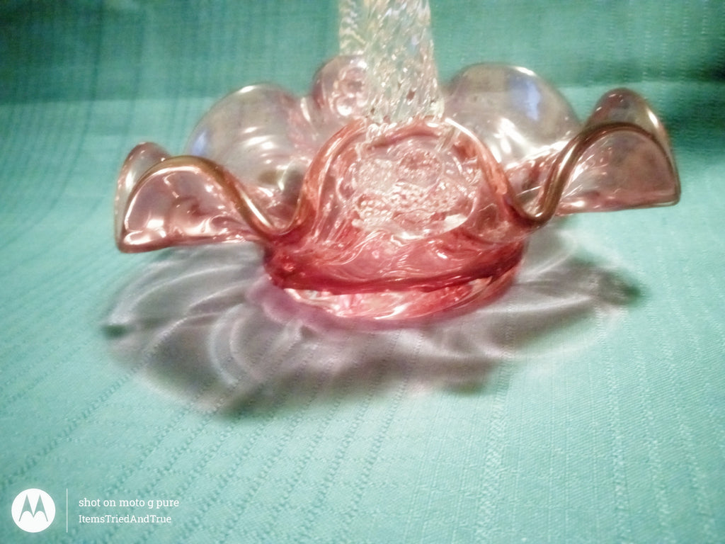 Vintage Pink Art Glass Basket with Ruffled Rim & Twisted Handle