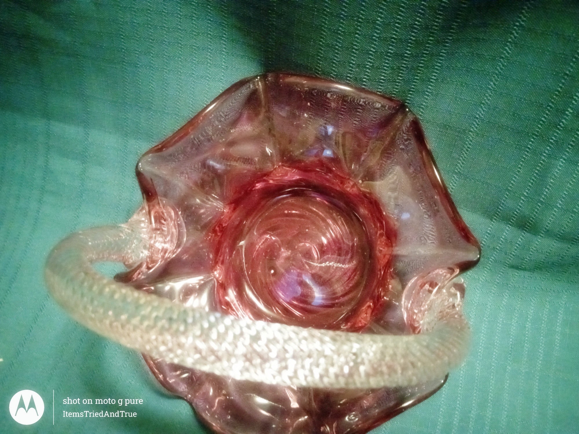 Vintage Pink Art Glass Basket with Ruffled Rim & Twisted Handle