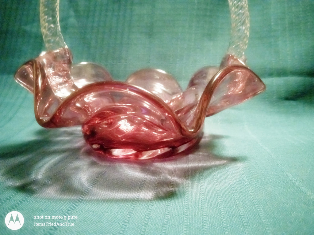 Vintage Pink Art Glass Basket with Ruffled Rim & Twisted Handle