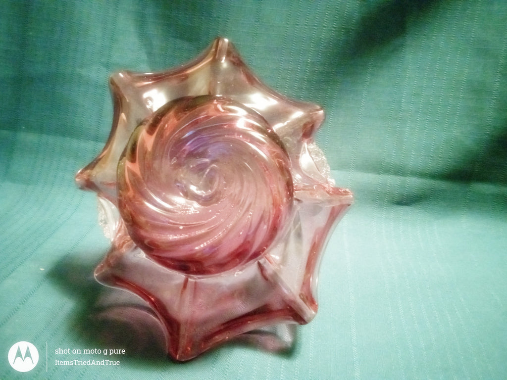 Vintage Pink Art Glass Basket with Ruffled Rim & Twisted Handle