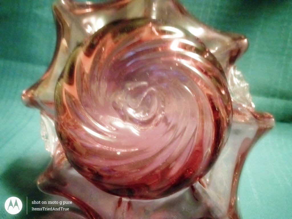 Vintage Pink Art Glass Basket with Ruffled Rim & Twisted Handle