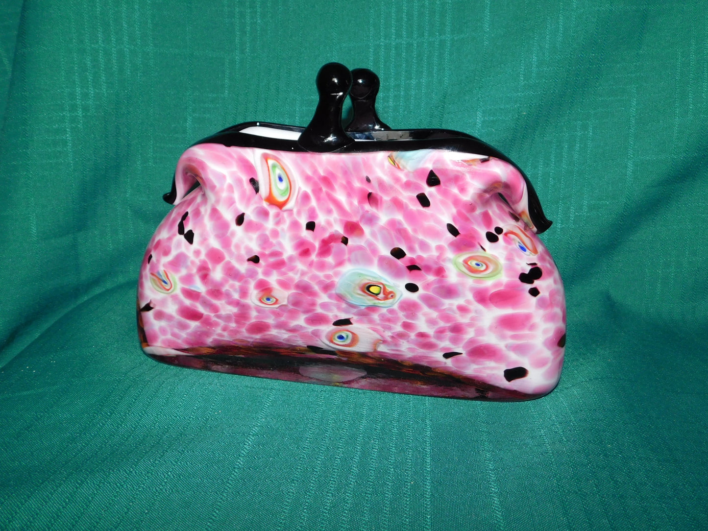 Vintage handblown Murano pink spotted art glass coin purse handbag vase mint condition