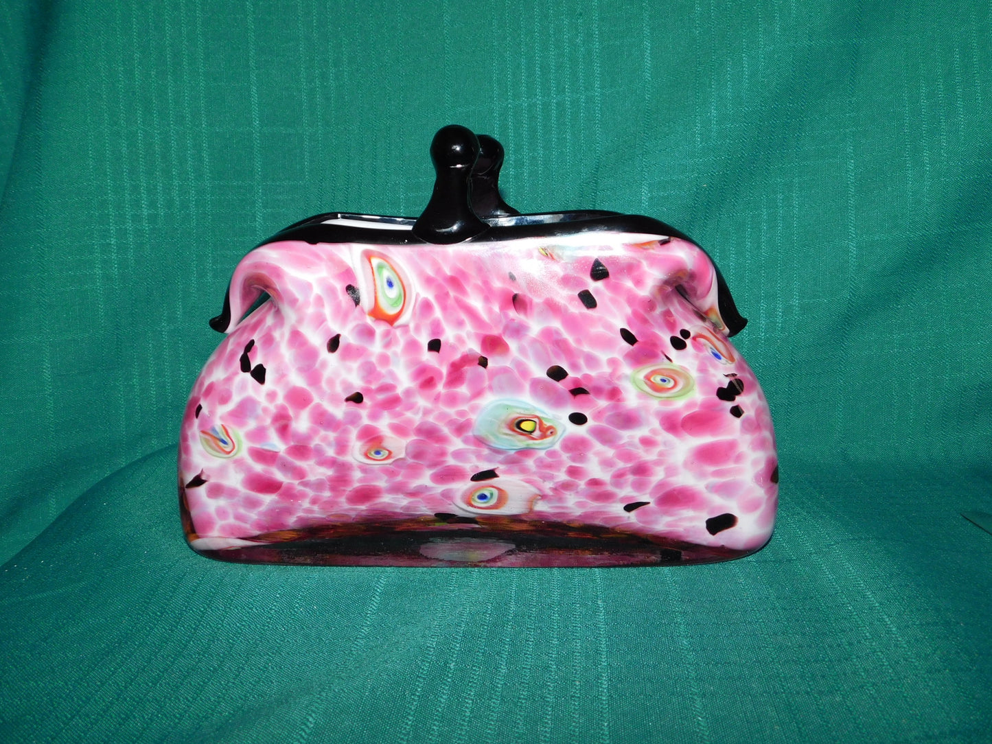 Vintage handblown Murano pink spotted art glass coin purse handbag vase mint condition