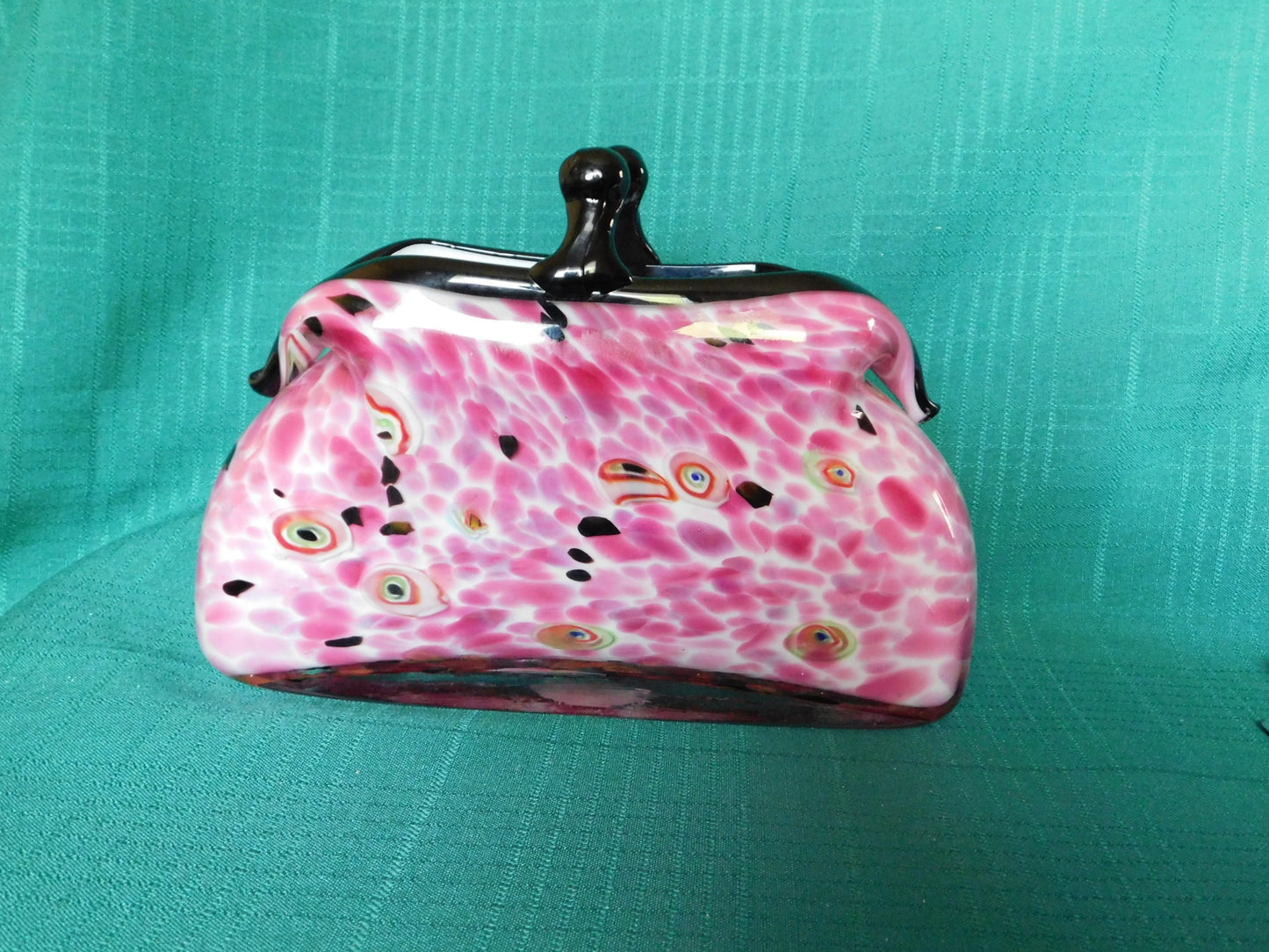 Vintage handblown Murano pink spotted art glass coin purse handbag vase mint condition