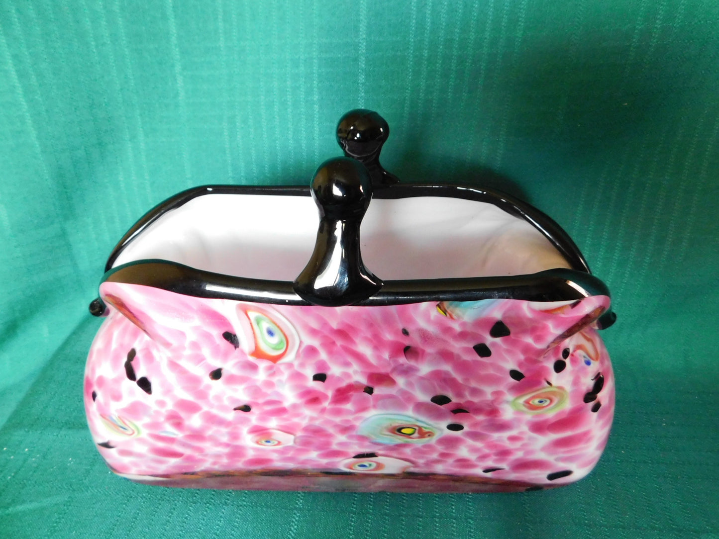 Vintage handblown Murano pink spotted art glass coin purse handbag vase mint condition