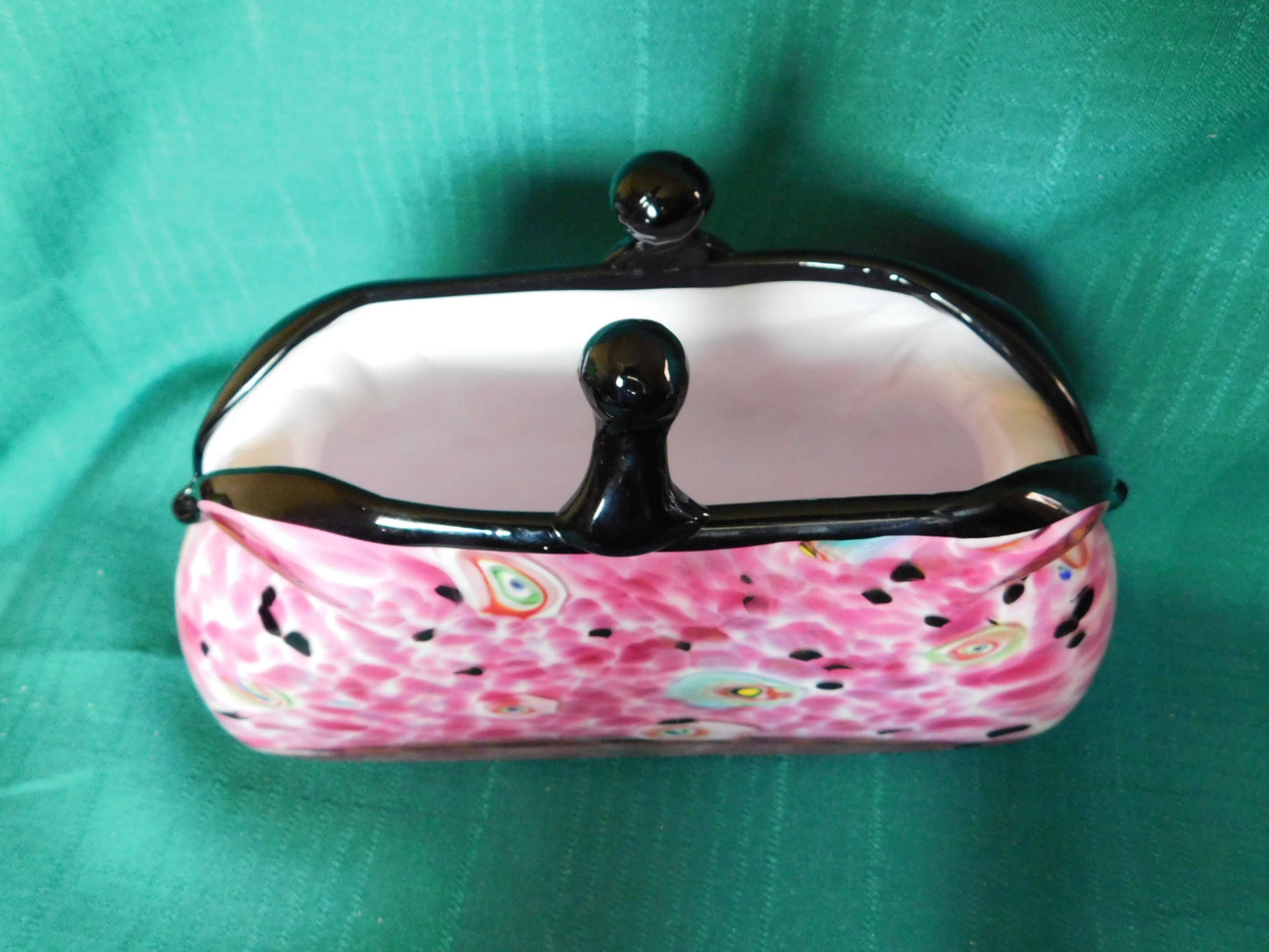 Vintage handblown Murano pink spotted art glass coin purse handbag vase mint condition