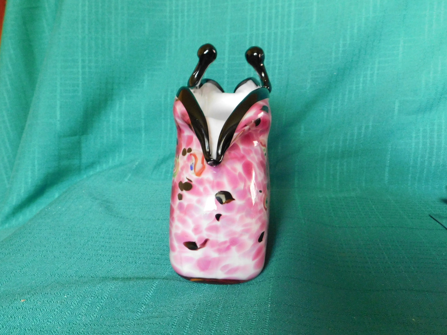 Vintage handblown Murano pink spotted art glass coin purse handbag vase mint condition