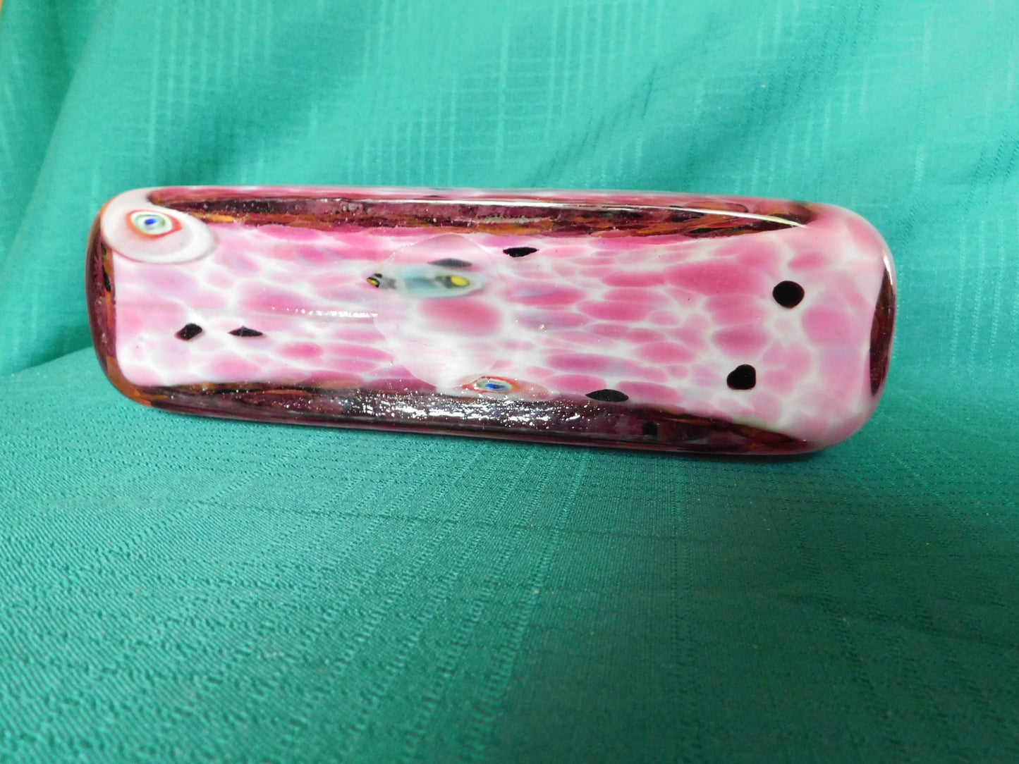 Vintage handblown Murano pink spotted art glass coin purse handbag vase mint condition