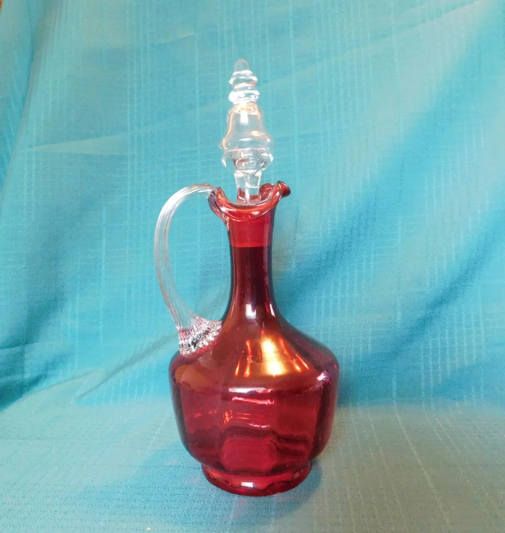 Handblown 12-inch cranberry and clear decanter