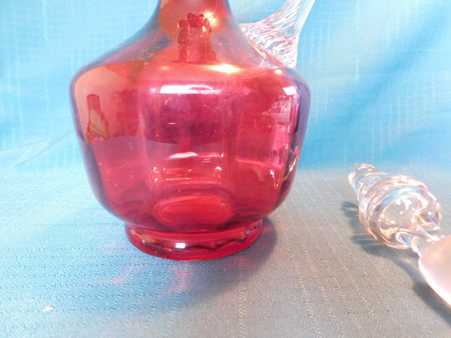 Handblown 12-inch cranberry and clear decanter VGU