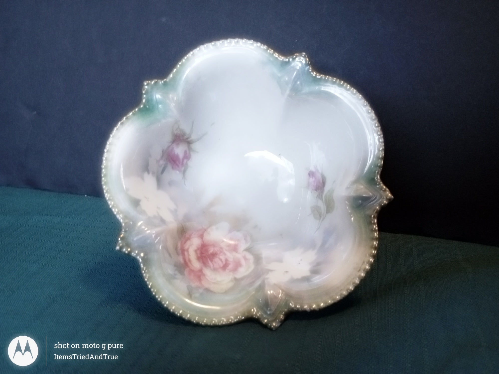 RS Prussia Hand‑Painted Rose Bowl – Antique German Porcelain Footed Dish with Scalloped Rim