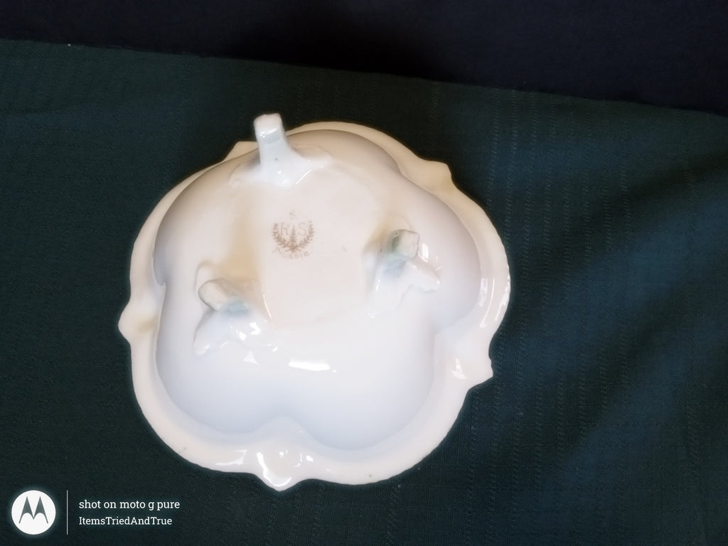 RS Prussia Hand‑Painted Rose Bowl – Antique German Porcelain Footed Dish with Scalloped Rim