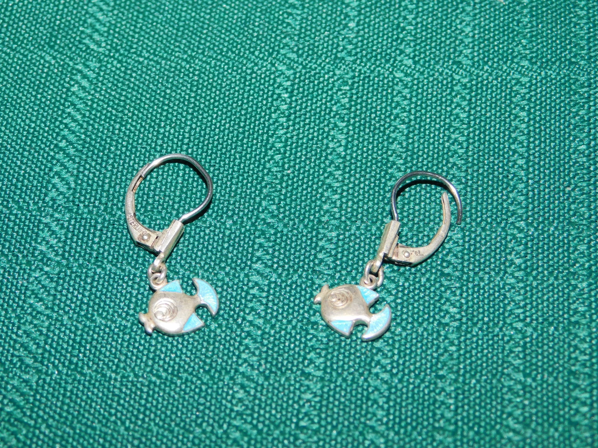 K and L small fish sterling silver lever back dangle earrings
