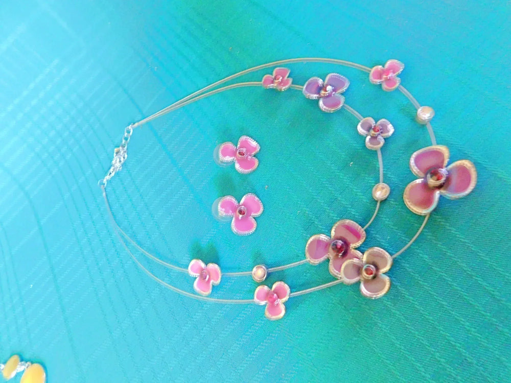 Vintage double necklace and earrings set violets and gems costume jewelry