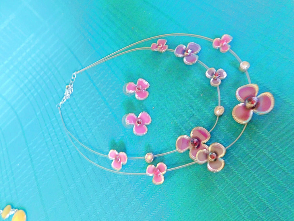 Vintage double necklace and earrings set violets and gems costume jewelry VGU