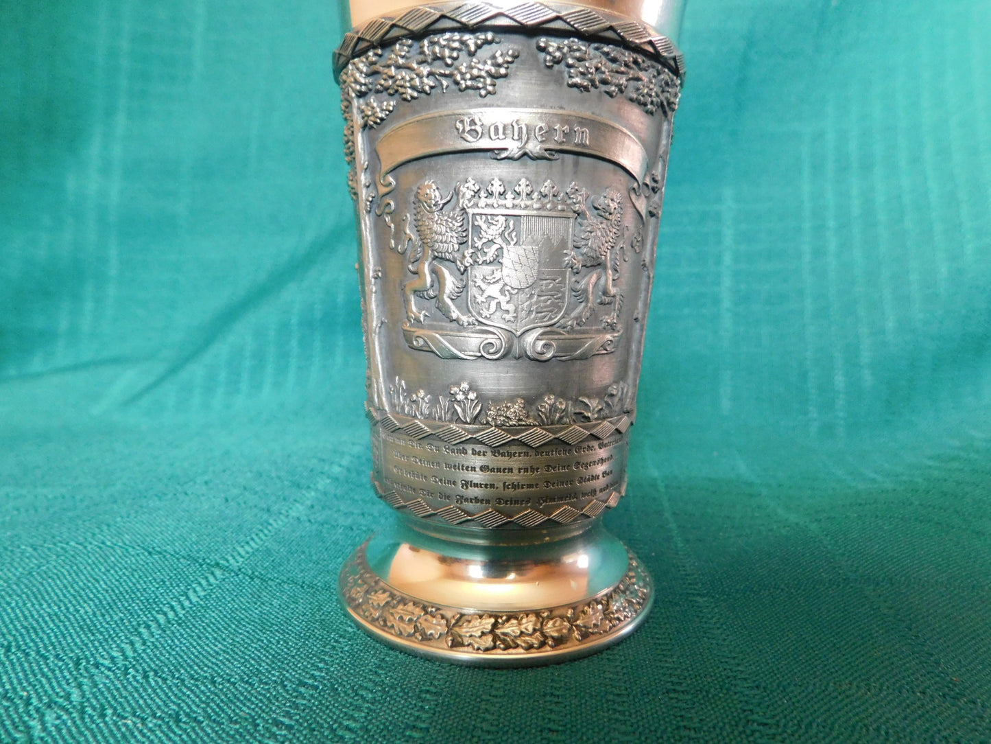 SKS Germany zinc pewter ware wine cup with embossed scenes near mint condition