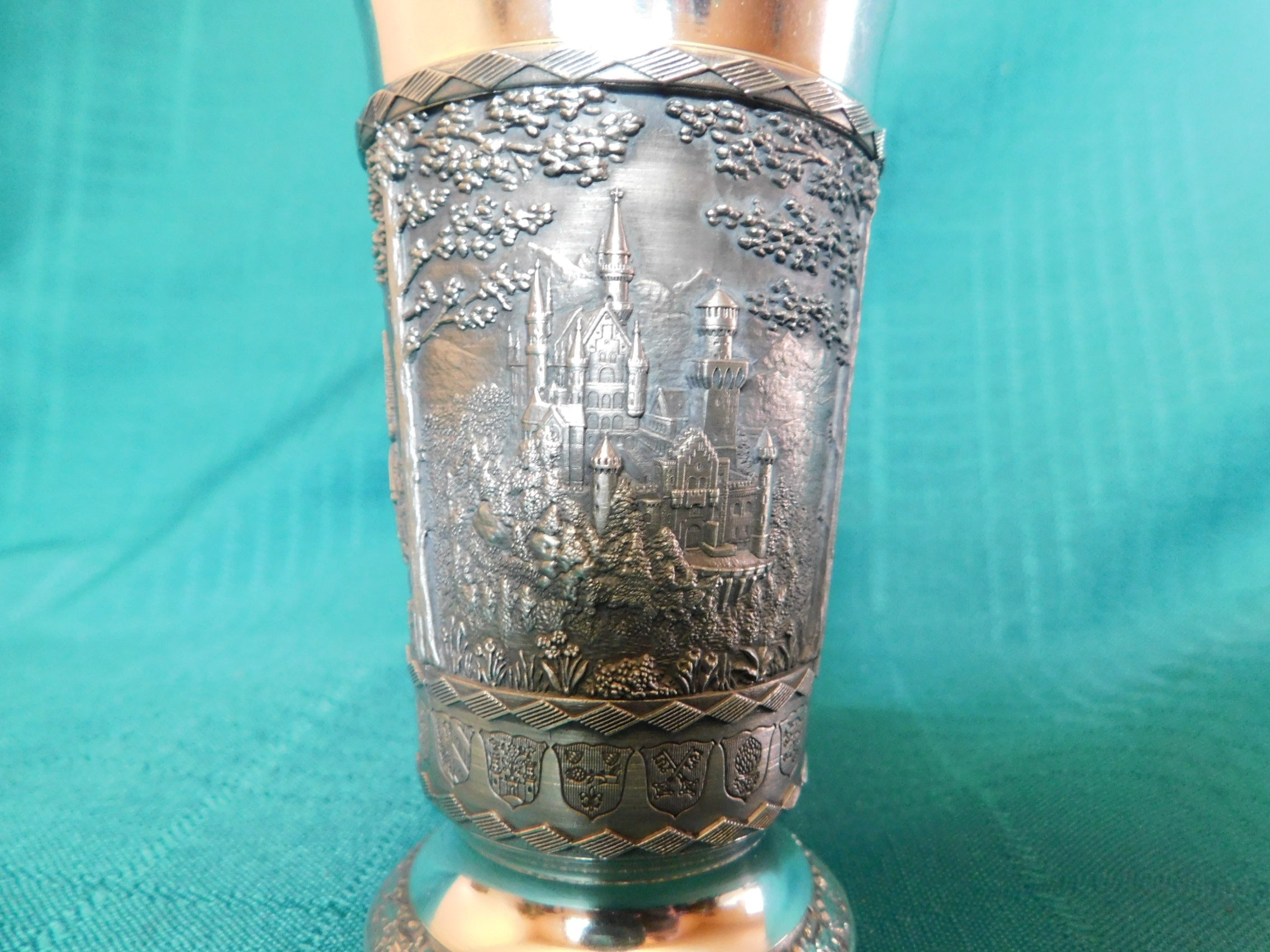 SKS Germany zinc pewter ware wine cup with embossed scenes near mint condition
