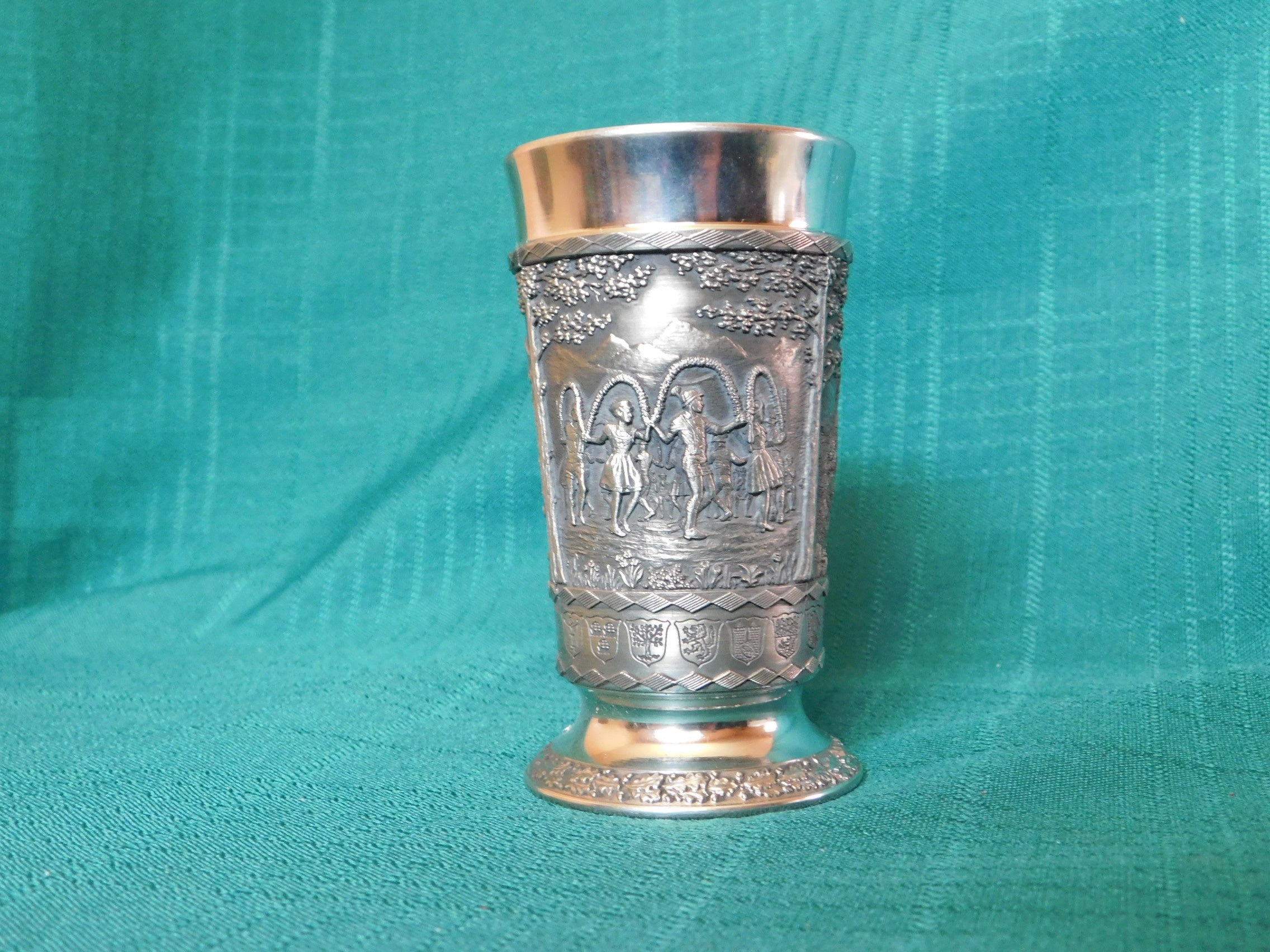 SKS Germany zinc pewter ware wine cup with embossed scenes near mint condition