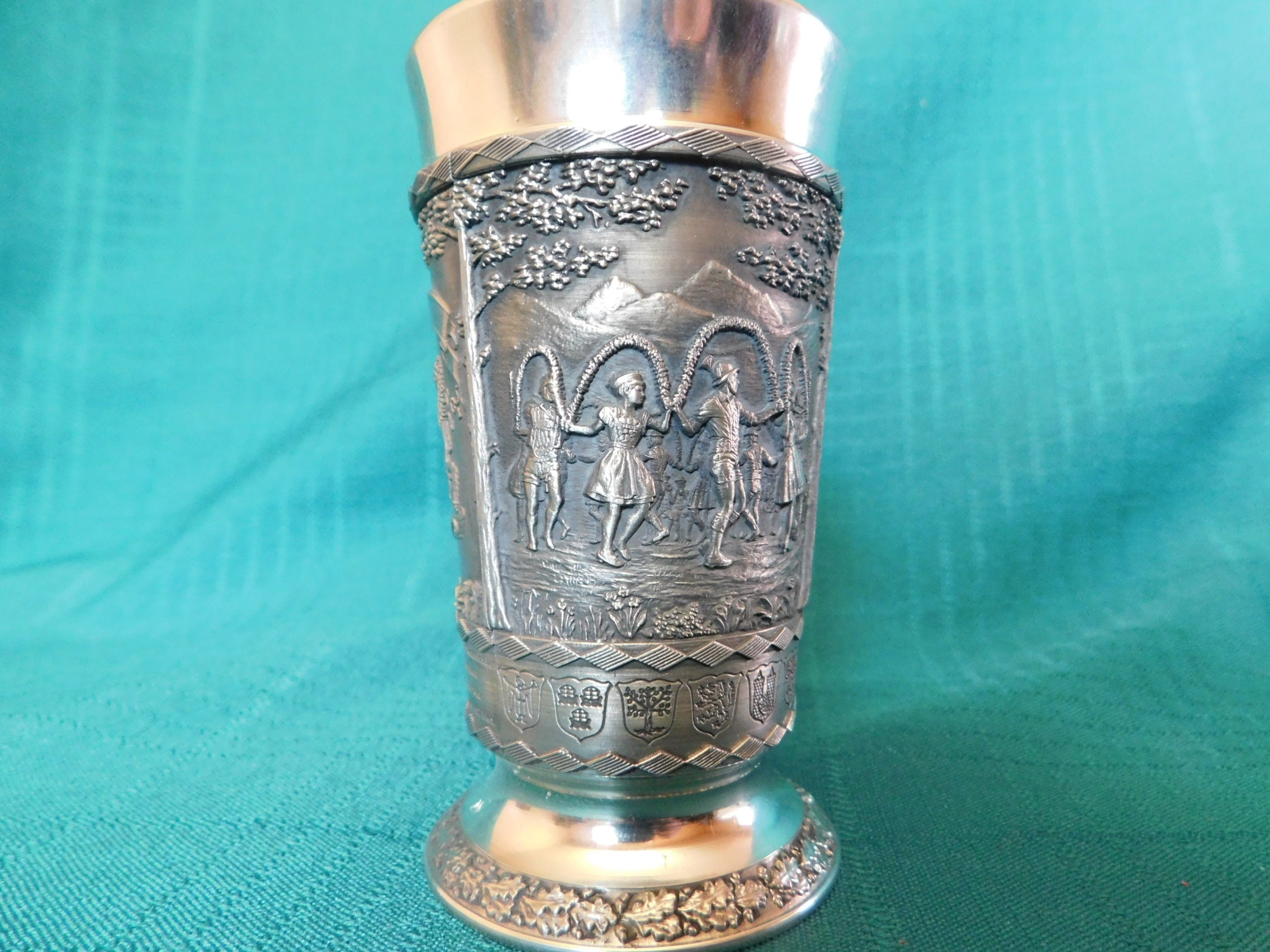 SKS Germany zinc pewter ware wine cup with embossed scenes near mint condition