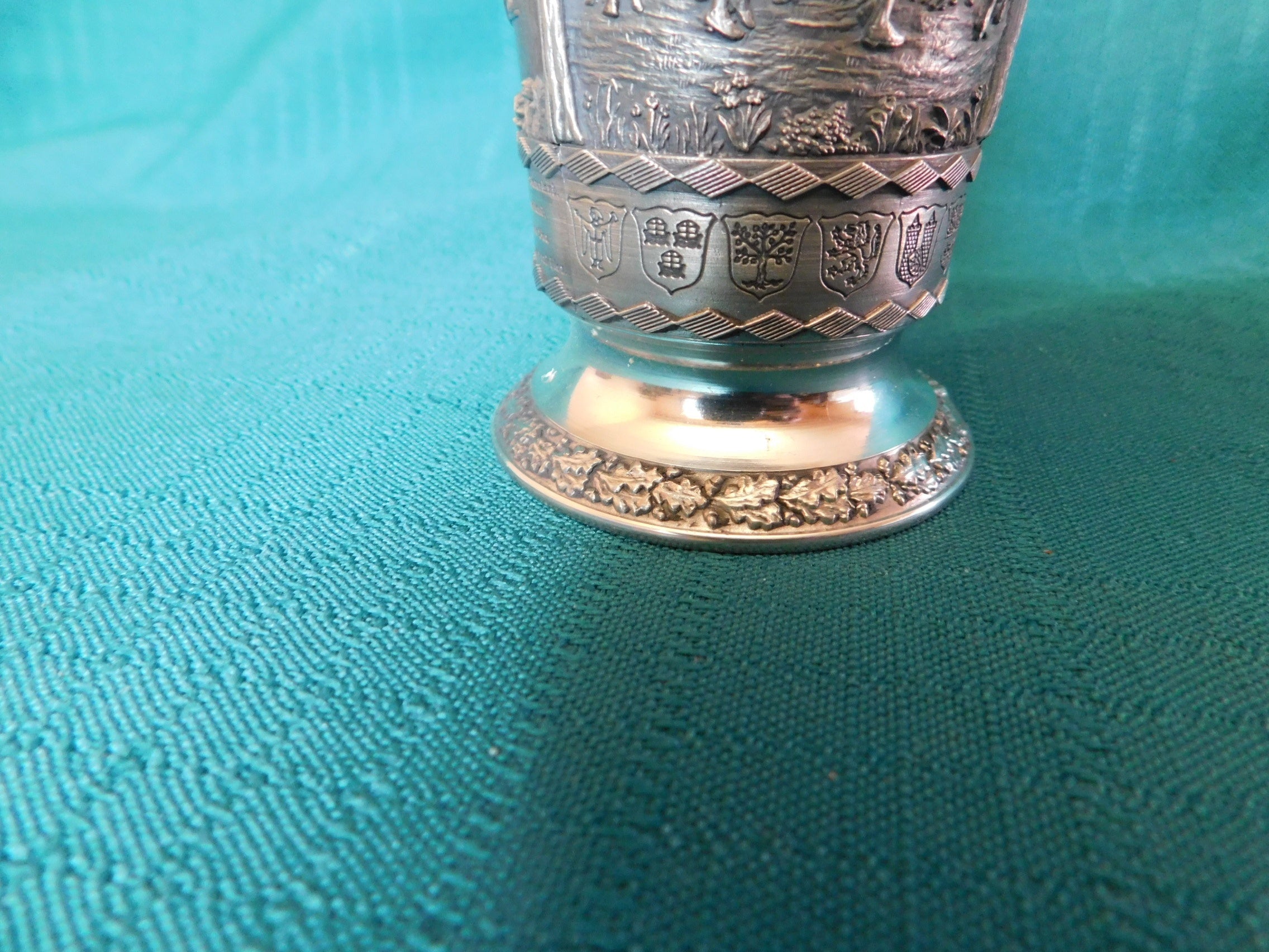 SKS Germany zinc pewter ware wine cup with embossed scenes near mint condition
