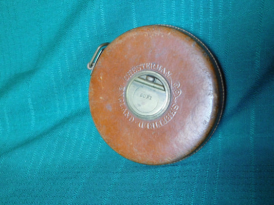 Vintage Chesterman Sheffield England brass leather cloth 50' measuring tape (1950s)