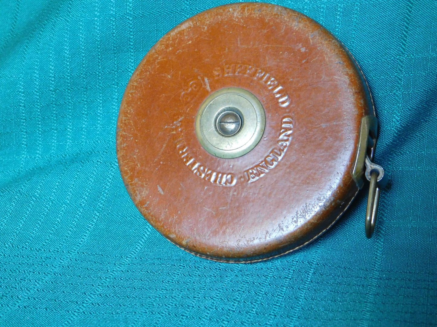 Vintage Chesterman Sheffield England brass leather cloth 50' measuring tape (1950s)