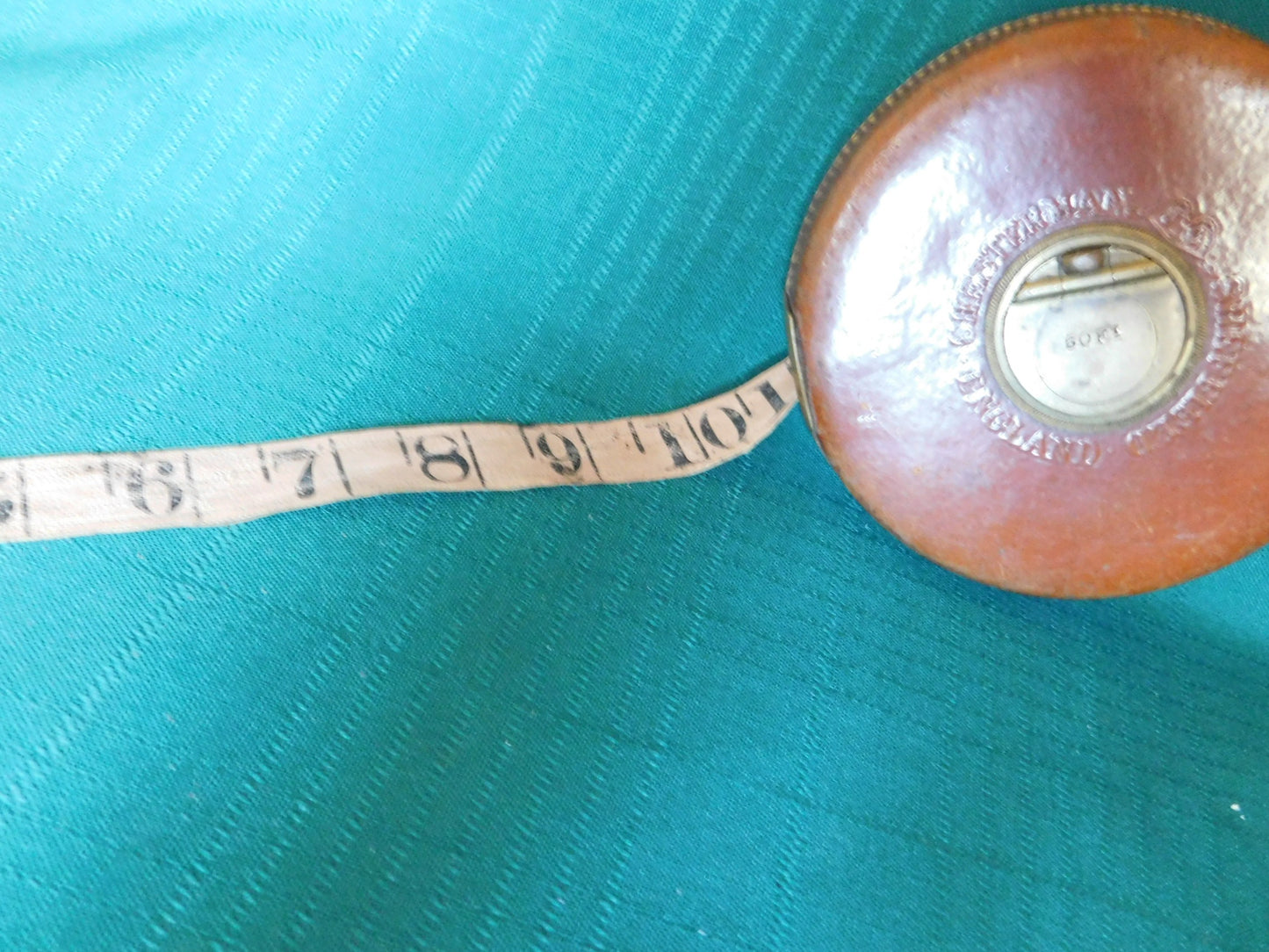 Vintage Chesterman Sheffield England brass leather cloth 50' measuring tape (1950s)