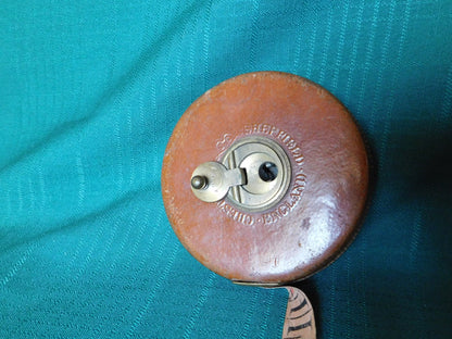 Vintage Chesterman Sheffield England brass leather cloth 50' measuring tape (1950s)
