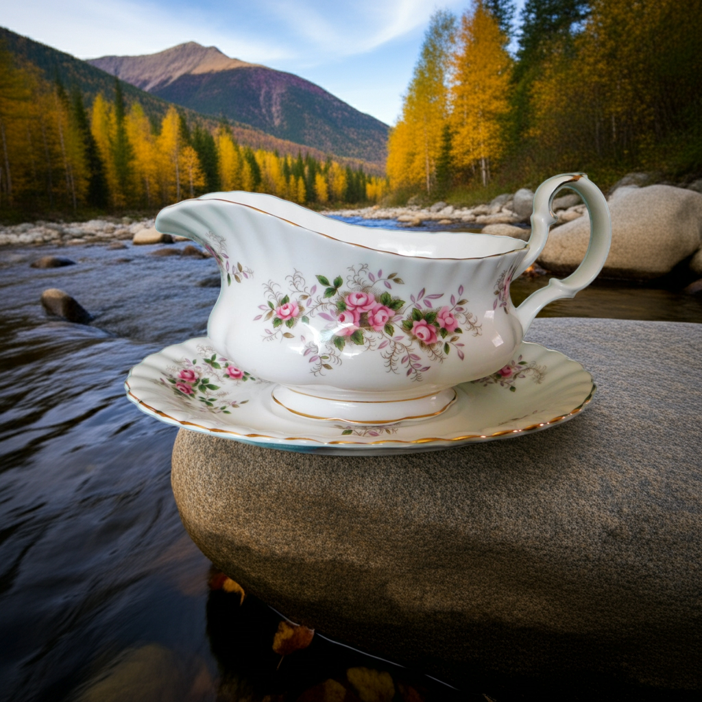 Royal Albert Lavender Rose (1970) gravy boat with underplate mint condition