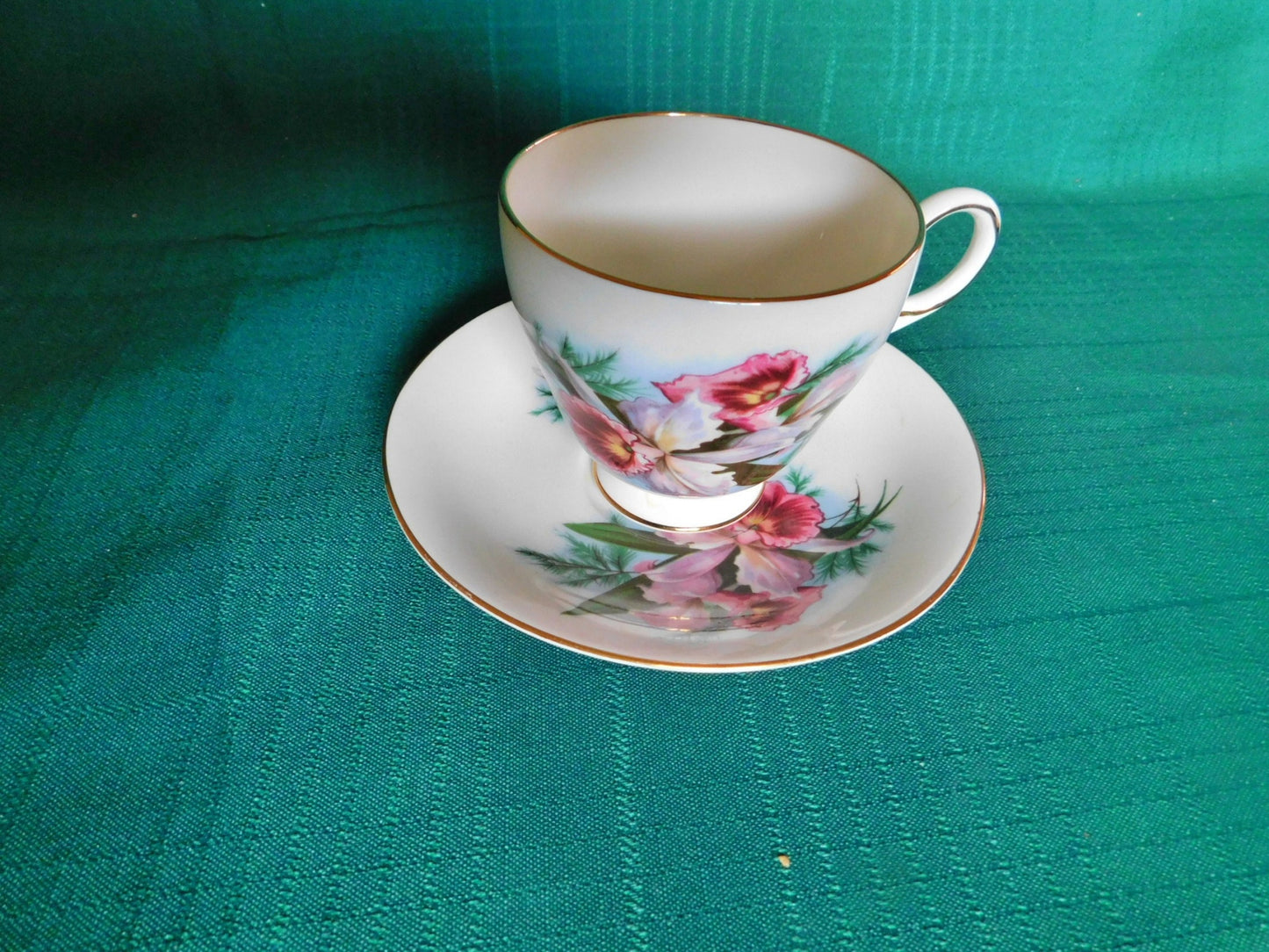 Roslyn pink purple flower cup saucer VGU - Items Tried And True