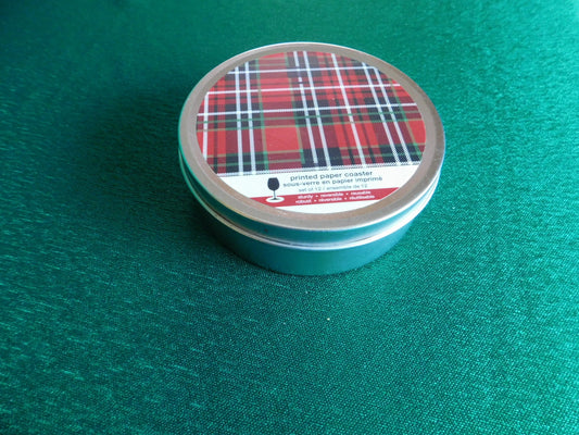 12 piece set plaid design coasters in metal tin like new condition