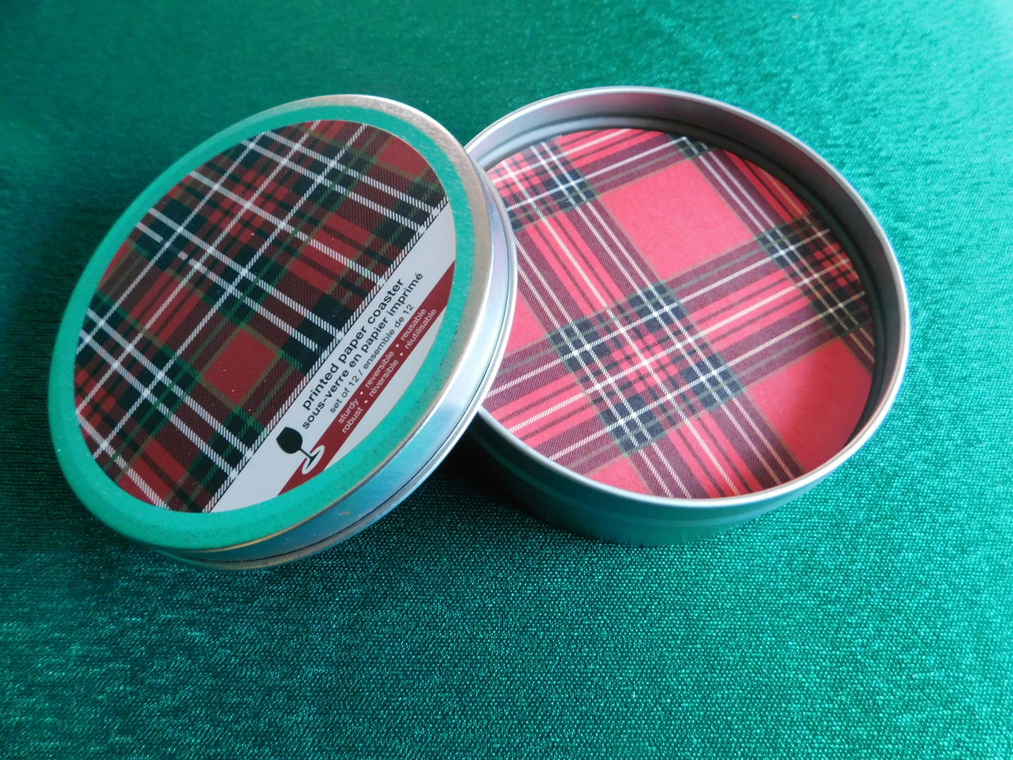 12 piece set plaid design coasters in metal tin like new condition