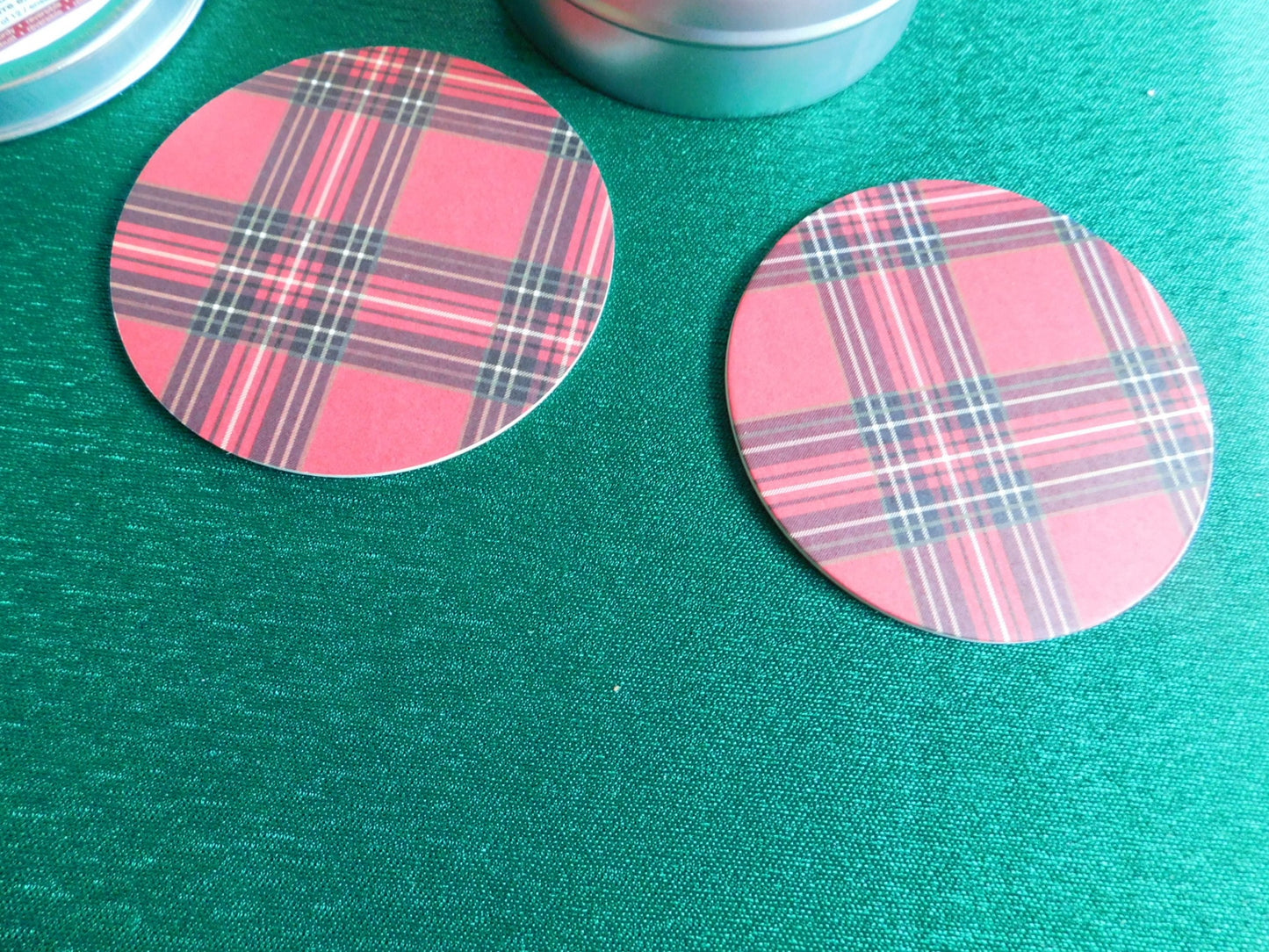 12 piece set plaid design coasters in metal tin like new condition