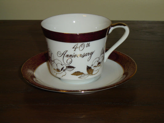 Giftcraft 40th Anniversary gold burgundy cup and saucer mint condition