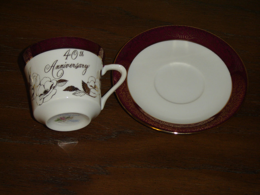 Giftcraft 40th Anniversary gold burgundy cup and saucer mint condition