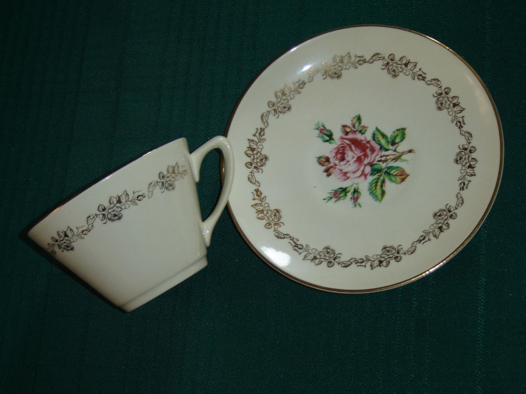 Georgian China pink rose 22 kt cup and saucer VGU - Items Tried And True