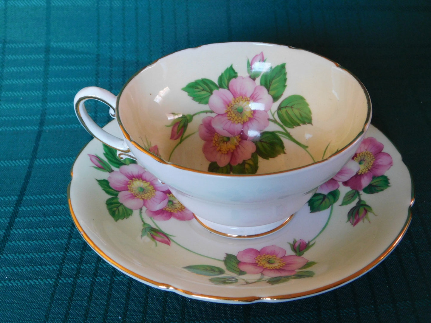 Stanley 694/11 pink flower yellow band cup and saucer VGU