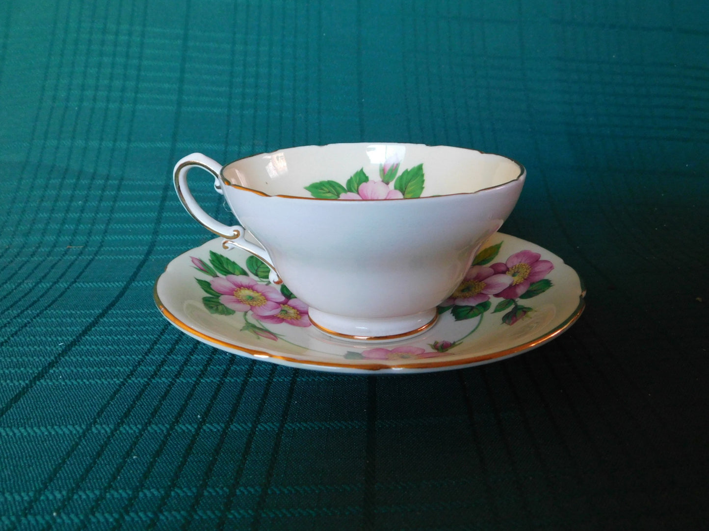 Stanley 694/11 pink flower yellow band cup and saucer VGU