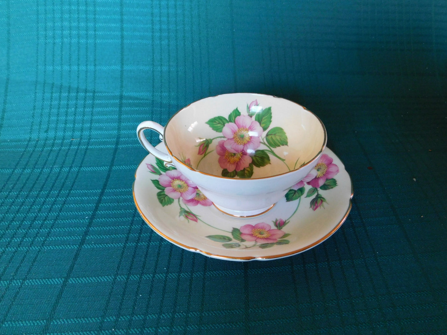 Stanley 694/11 pink flower yellow band cup and saucer VGU