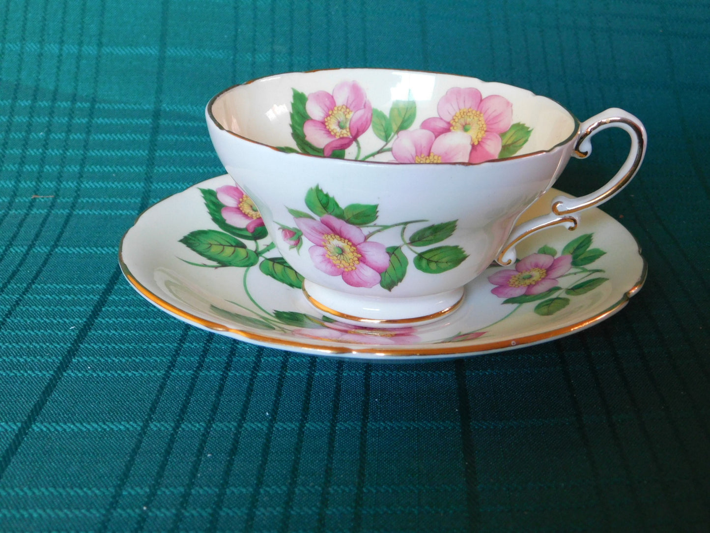 Stanley 694/11 pink flower yellow band cup and saucer VGU