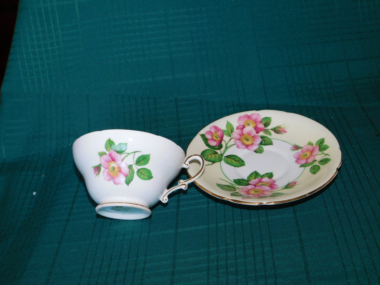 Stanley 694/11 pink flower yellow band cup and saucer VGU