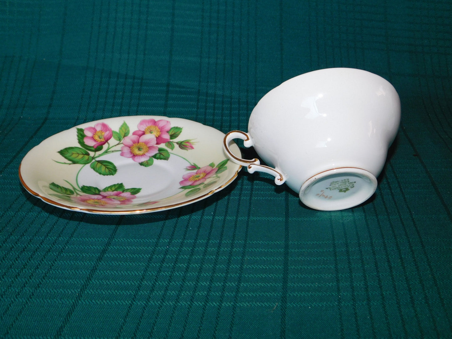 Stanley 694/11 pink flower yellow band cup and saucer VGU