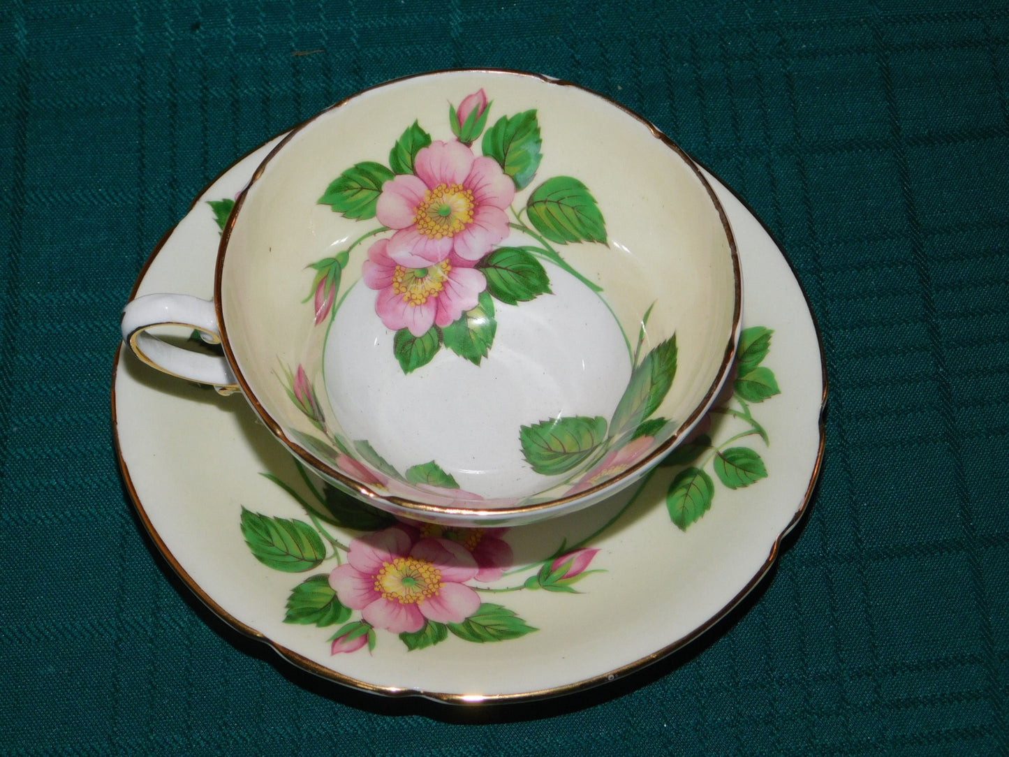 Stanley 694/11 pink flower yellow band cup and saucer VGU