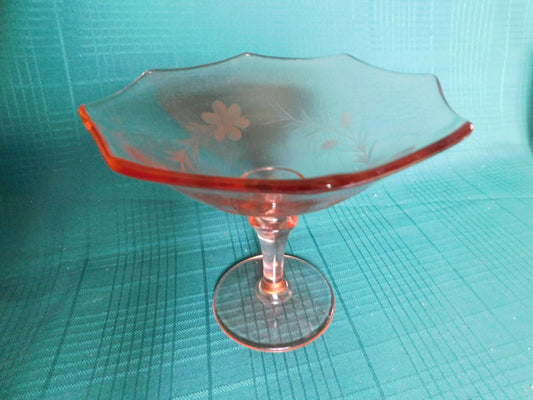 Pink Depression glass compote VGU