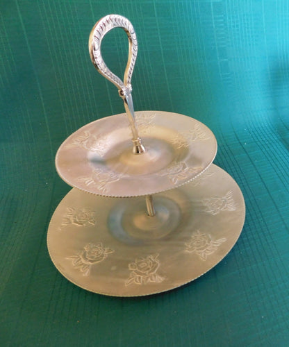 Vintage aluminum 2 tier cake stand round Rose pattern VGU