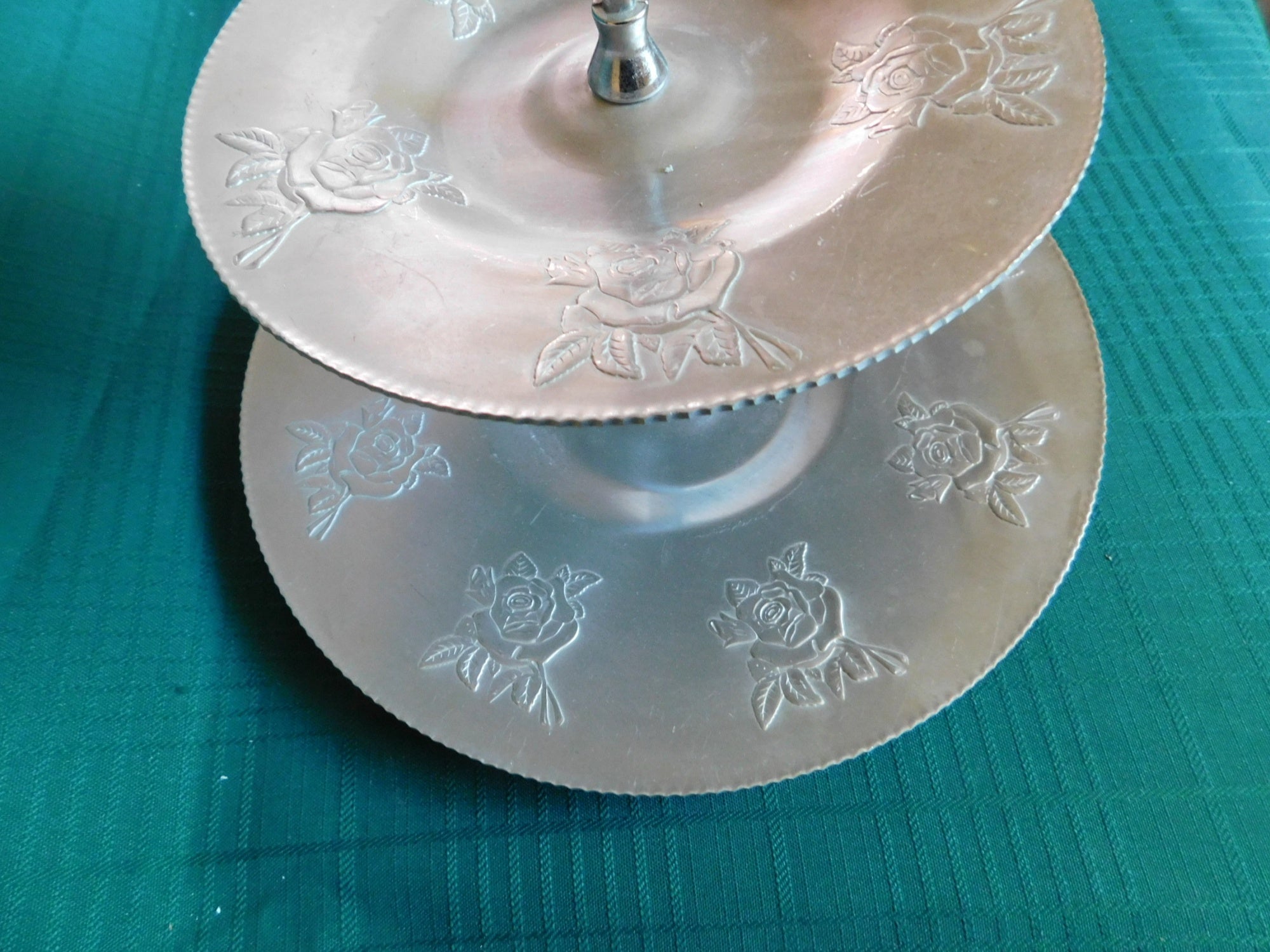 Vintage aluminum 2 tier cake stand round Rose pattern VGU
