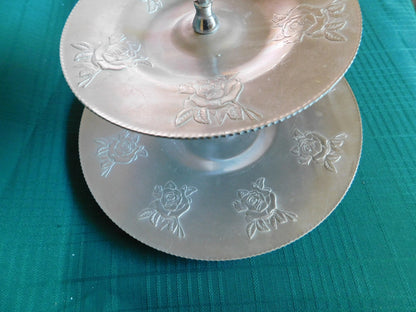 Vintage aluminum 2 tier cake stand round Rose pattern VGU