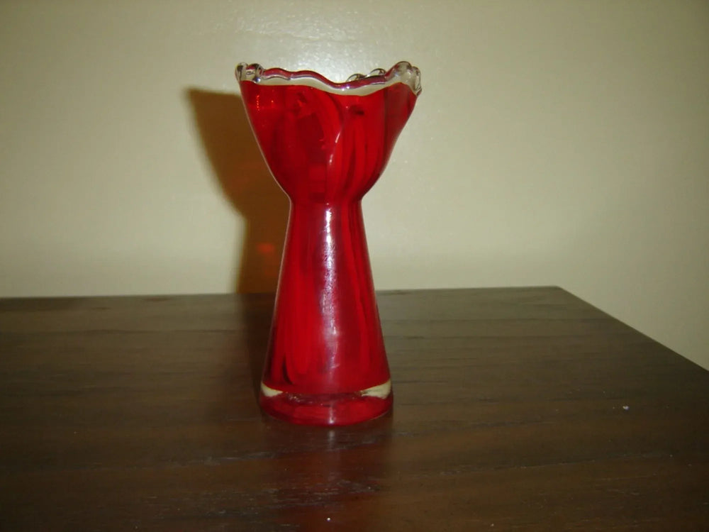 Vintage handblown red and white swirl art glass vase